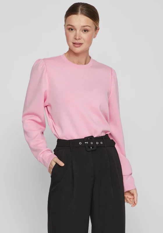 Vila Puffy Soft Touch Sweatshirt, Begonia Pink Hoodie with Metallic Shiny Futuristic