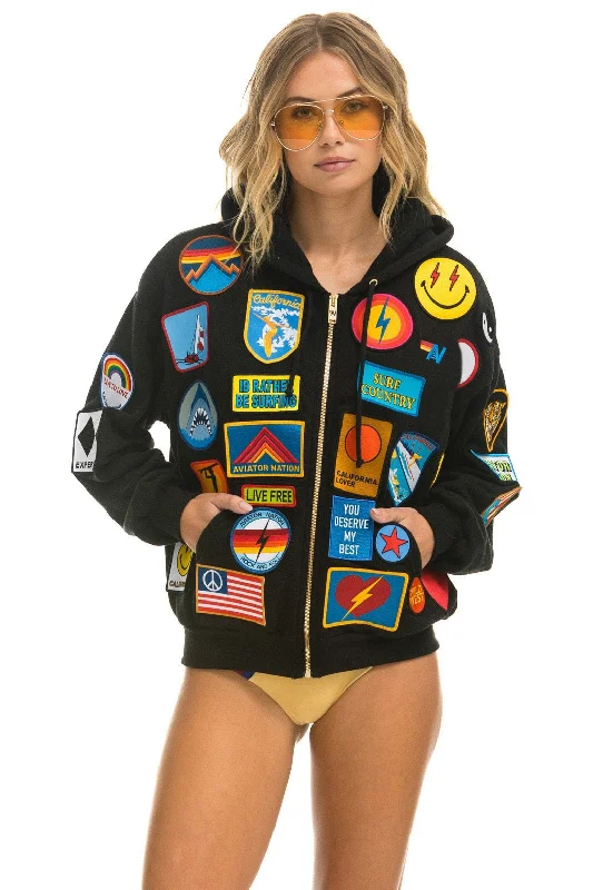 VINTAGE PATCH ZIP HOODIE RELAXED - BLACK Hoodie with Hem Applique Textured Unique