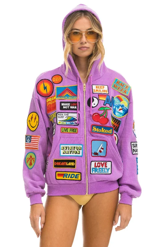 VINTAGE PATCH ZIP HOODIE RELAXED - NEON PURPLE Hoodie with Hem Ribbing Snug Secure