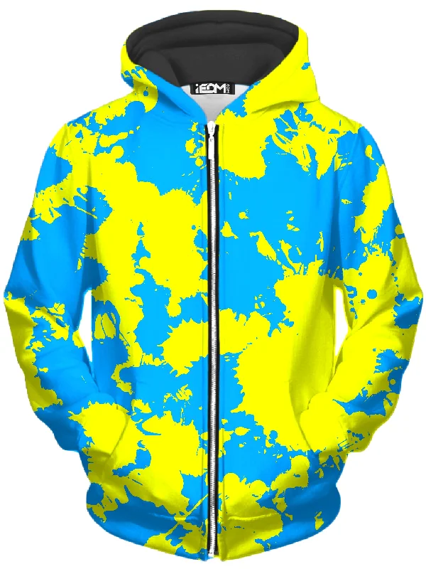 Yellow and Blue Paint Splatter Unisex Zip-Up Hoodie Hoodie with Neon Bright Vibrant