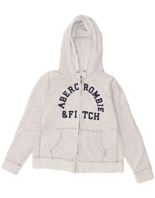 ABERCROMBIE & FITCH Womens Graphic Zip Hoodie Sweater UK 16 Large Grey Graphic Sweater Embroidered Appliqued