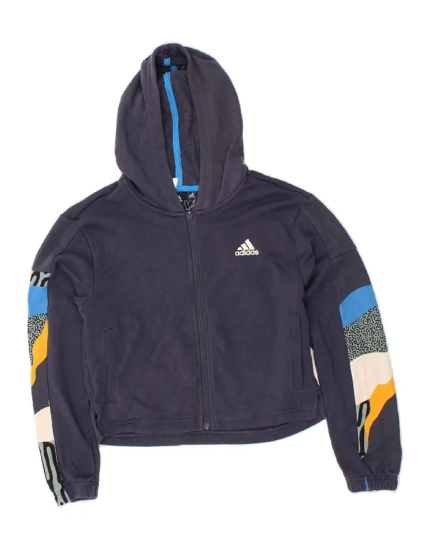 ADIDAS Girls Abstract Pattern Zip Hoodie Sweater 11-12 Years Navy Blue Notch Collar Peter Pan Collar Cowl Neck