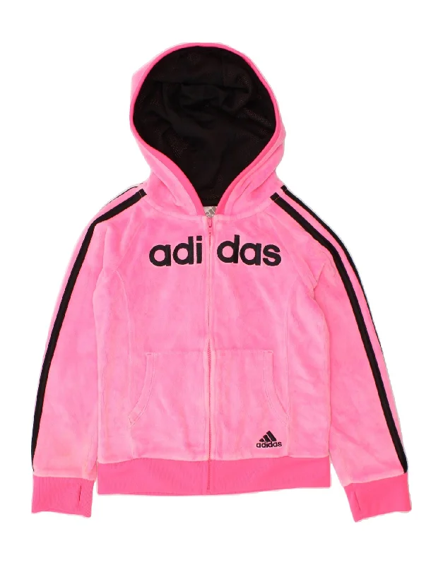 ADIDAS Girls Graphic Velour Zip Hoodie Sweater 3-4 Years Pink Cotton Seamless Knitted Crochet