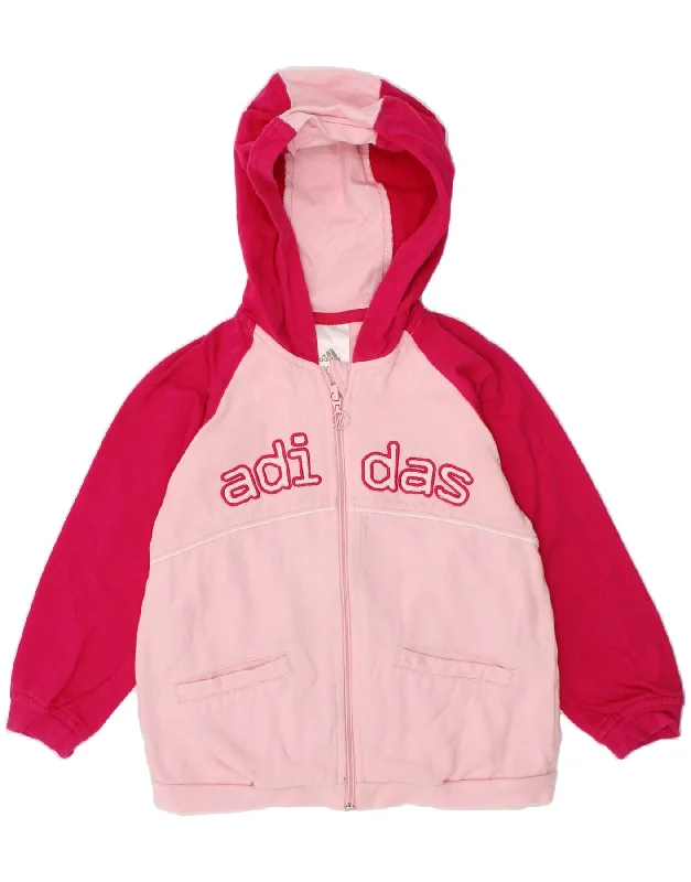 ADIDAS Girls Graphic Zip Hoodie Sweater 3-4 Years Pink Colourblock Cotton Glossy Satin Silk