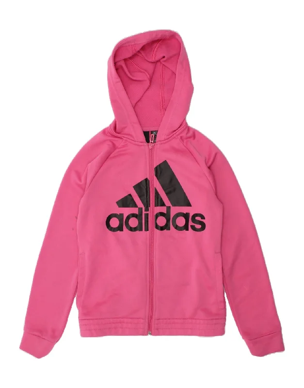 ADIDAS Girls Graphic Zip Hoodie Sweater 9-10 Years Pink Polyester Anti-Pilling Anti-Shrink Durable