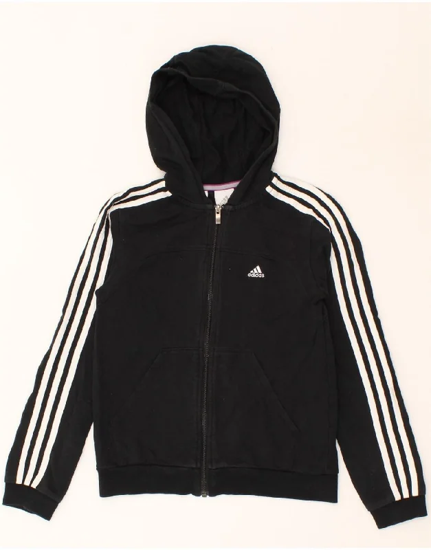 ADIDAS Girls Zip Hoodie Sweater 11-12 Years Black Cotton Toggled Drawstring Belted