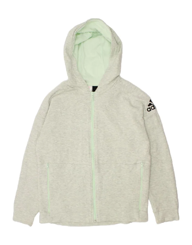 ADIDAS Girls Zip Hoodie Sweater 11-12 Years Grey Flecked Cotton Iron Safe Non-Iron Wrinkle Free