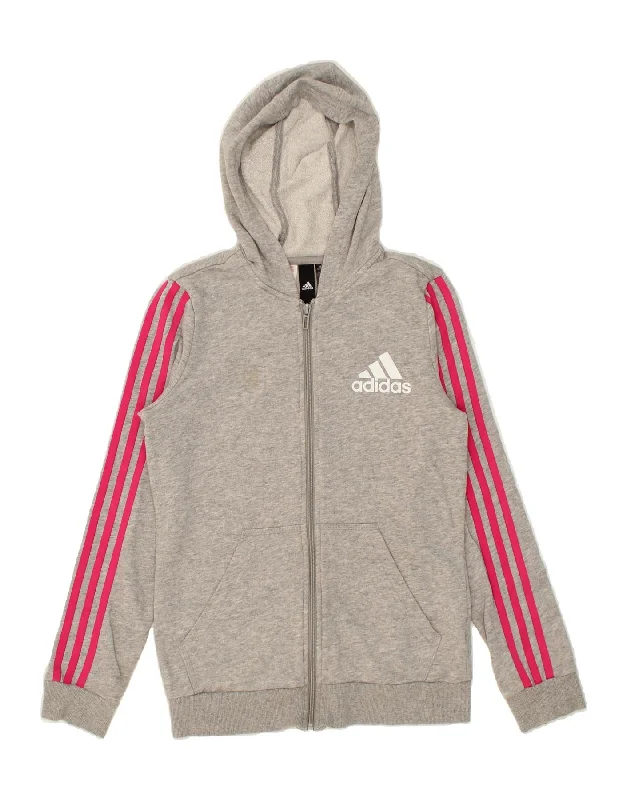 ADIDAS Girls Zip Hoodie Sweater 14-15 Years Grey Cotton Solid Print Embellished