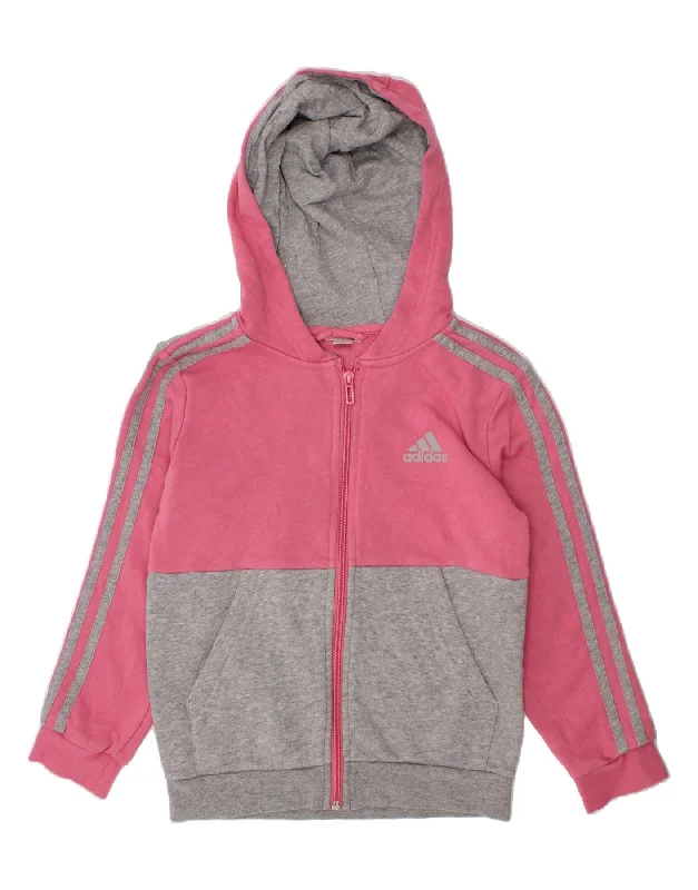 ADIDAS Girls Zip Hoodie Sweater 6-7 Years Pink Colourblock Handmade Hand-knitted Hand-woven