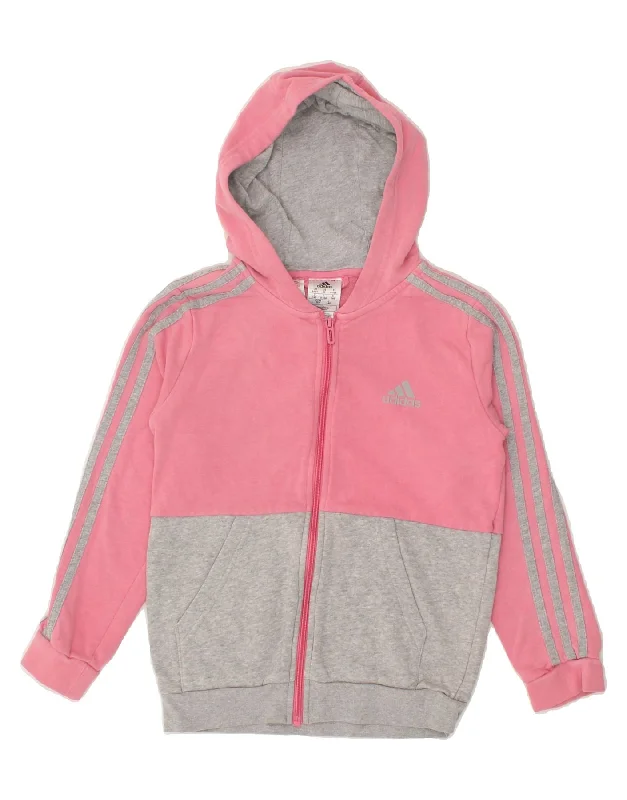 ADIDAS Girls Zip Hoodie Sweater 9-10 Years Pink Colourblock Cotton Rayon Fabric Velvet Fabric Corduroy Fabric