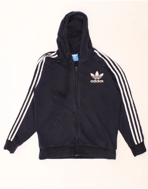 ADIDAS Mens Graphic Zip Hoodie Sweater Medium Navy Blue Cotton Graphic Sweater Embroidered Appliqued