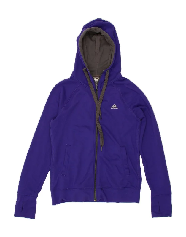 ADIDAS Womens Climalite Zip Hoodie Sweater UK 8/10 Small Blue Polyester Knit Fabric Woven Fabric Fleece Fabric