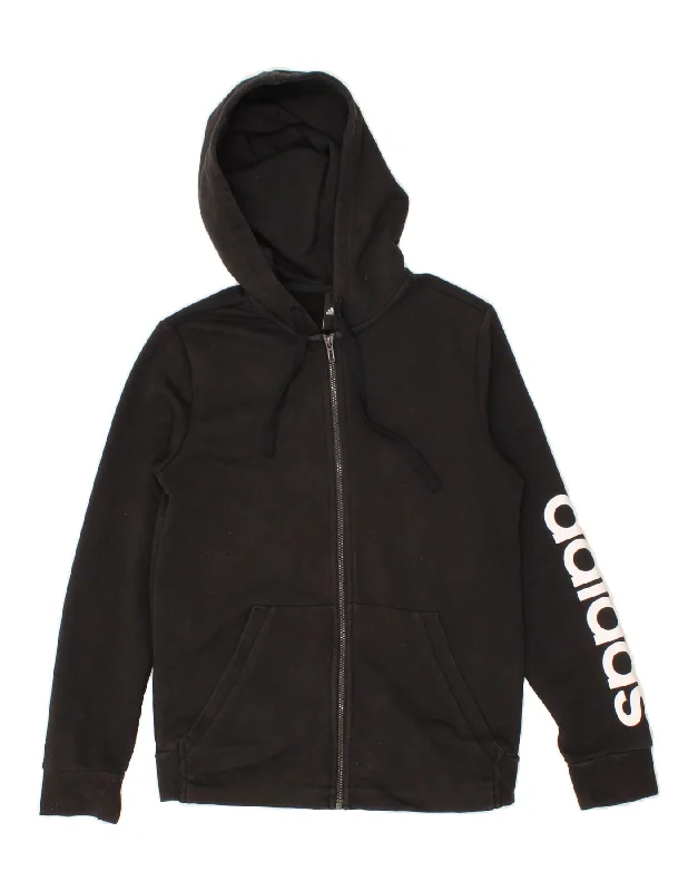 ADIDAS Womens Graphic Zip Hoodie Sweater UK 12/14 Medium Black Cotton Satin Fabric Silk Fabric Chiffon Fabric