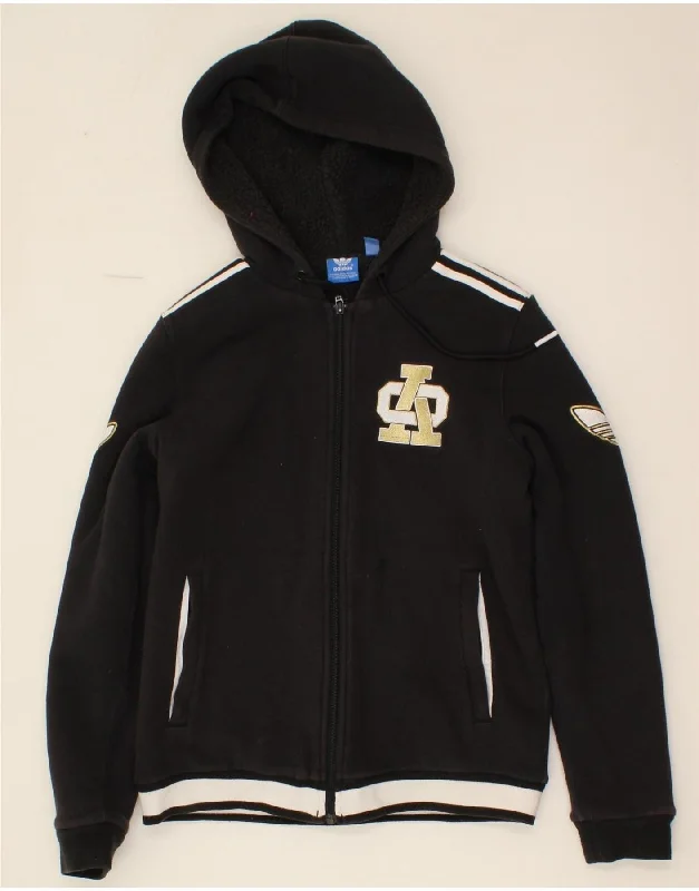 ADIDAS Womens Graphic Zip Hoodie Sweater UK 12 Medium  Black Cotton Terry Terry Cloth Terry Knit