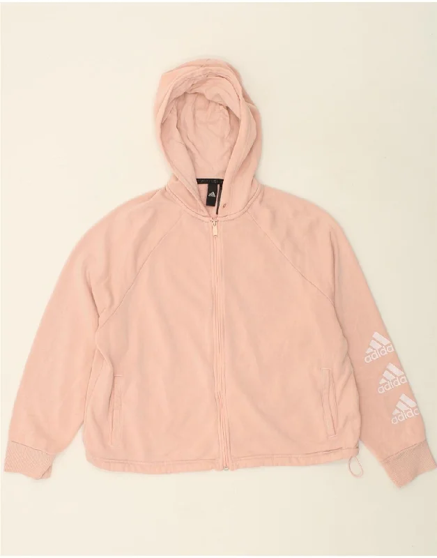 ADIDAS Womens Graphic Zip Hoodie Sweater UK 16/18 Large Pink Cotton Turtle Neck Boat Neck Asymmetrical Neck