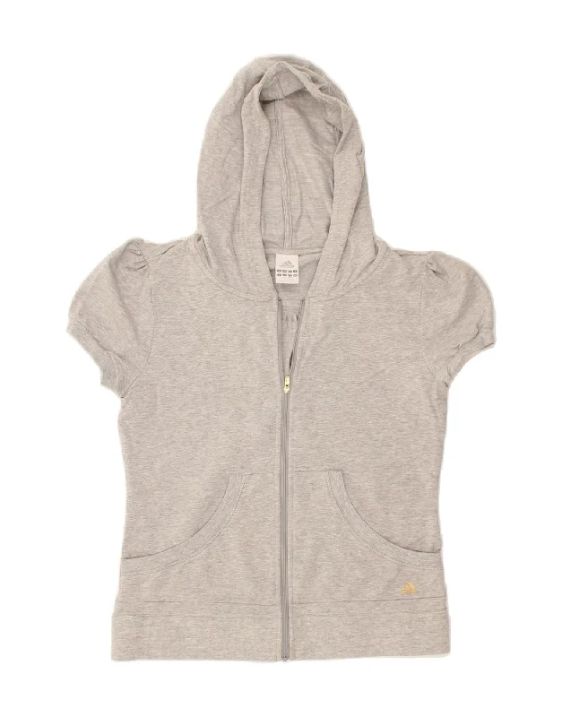 ADIDAS Womens Short Sleeve Zip Hoodie Sweater UK 16 Large Grey Cotton Fitted Loose Oversized