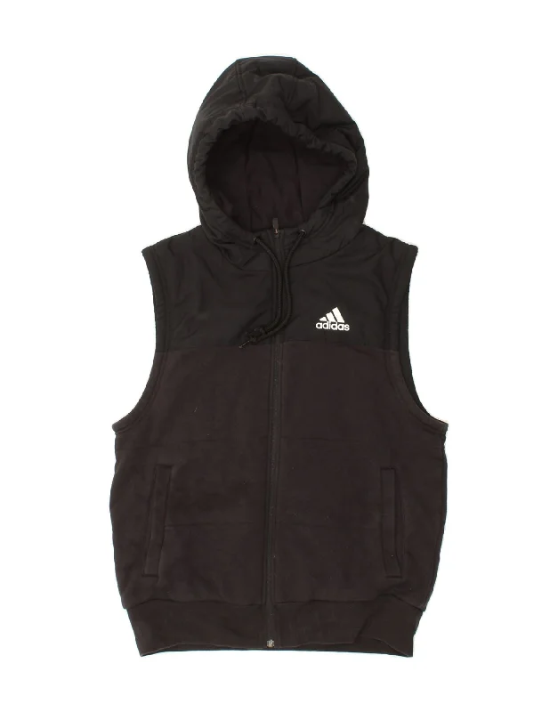 ADIDAS Womens Sleeveless Zip Hoodie Sweater UK 14 Large Black Cotton Ribbed Striped Patterned