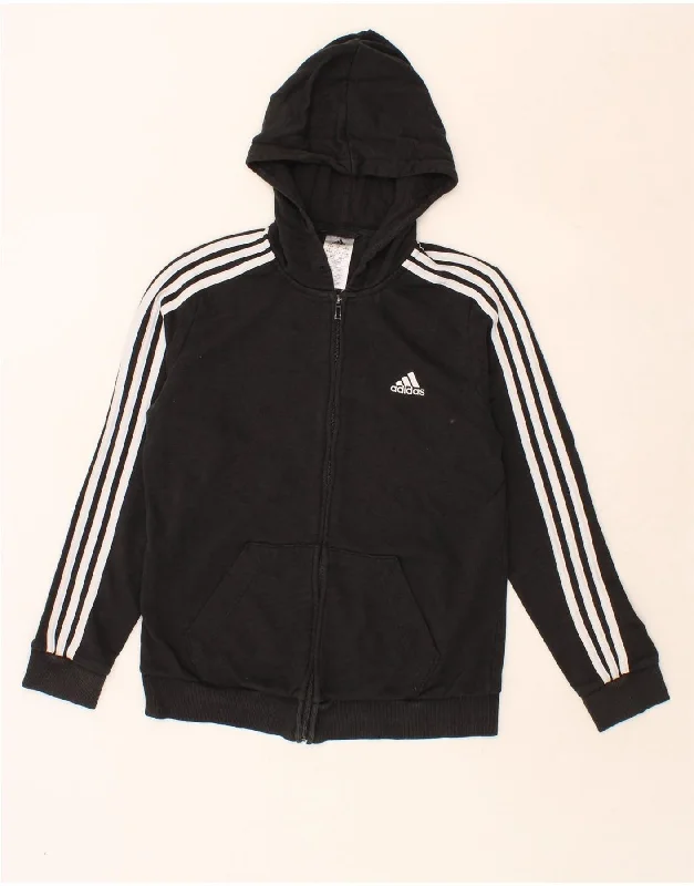 ADIDAS Womens Zip Hoodie Sweater UK 12/14 Medium Black Cotton Striped Floral Plaid