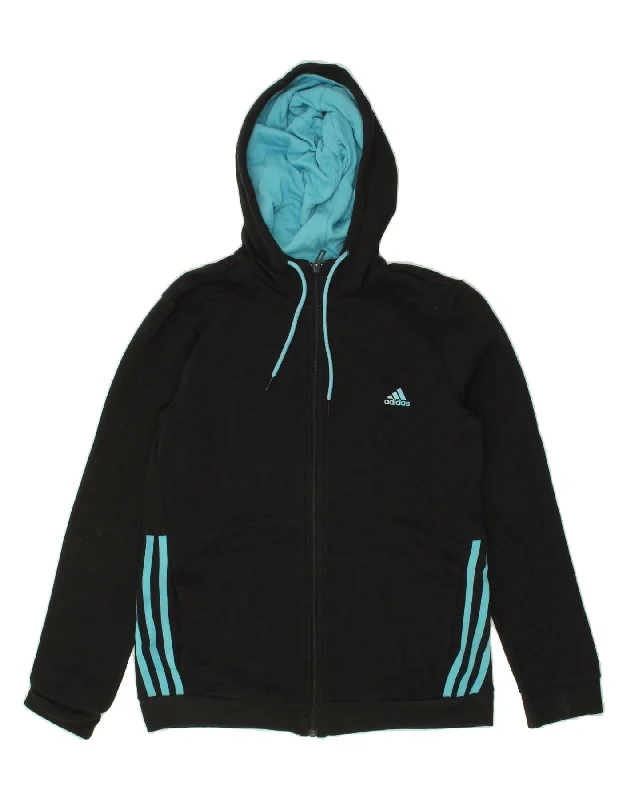 ADIDAS Womens Zip Hoodie Sweater UK 12/14 Medium Black Boxy Sweater Fitted Sweater A-Line