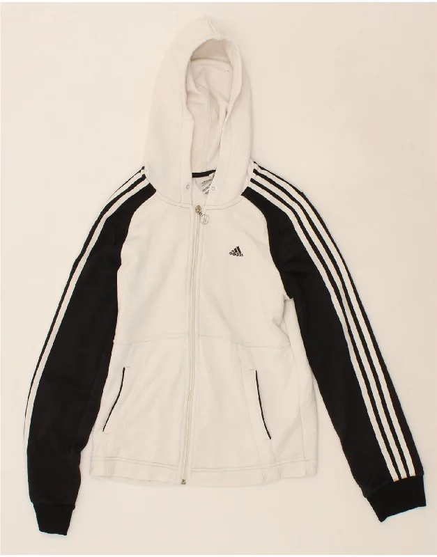 ADIDAS Womens Zip Hoodie Sweater UK 12 Medium White Colourblock Polyester Cable Knit Ribbed Knit Lace Knit