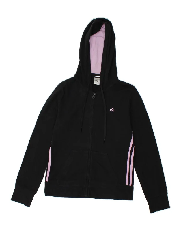 ADIDAS Womens Zip Hoodie Sweater UK 14 Medium Black Cotton Chenille Brocade Lace