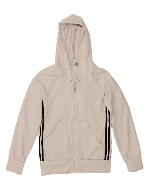 ADIDAS Womens Zip Hoodie Sweater UK 14 Medium  White Polyester Striped Floral Plaid