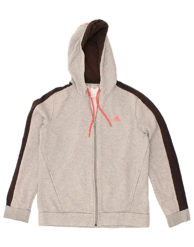 ADIDAS Womens Zip Hoodie Sweater UK 16/18 Large Grey Colourblock Cotton Zippered Front Buttoned Front Snap Front
