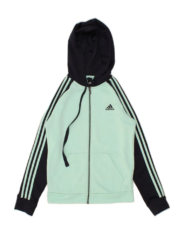 ADIDAS Womens Zip Hoodie Sweater UK 8/10 Small Blue Colourblock Knit Fabric Woven Fabric Fleece Fabric