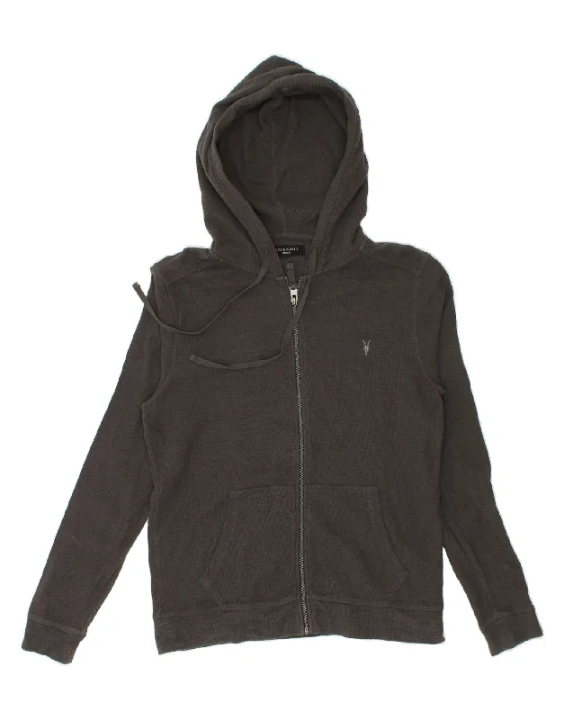 ALL SAINTS Mens Zip Hoodie Sweater Medium Grey Cotton Graphic Sweater Embroidered Appliqued