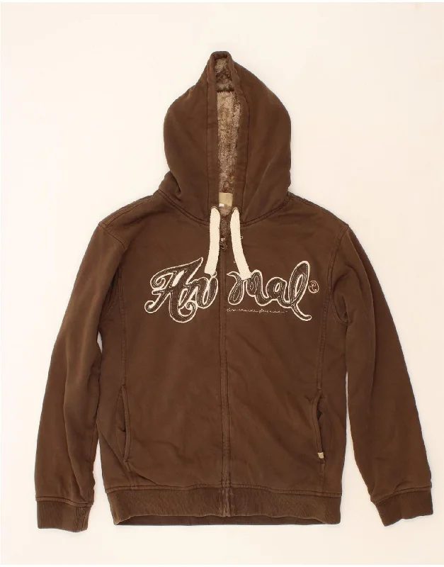 ANIMAL Mens Graphic Zip Hoodie Sweater Medium Brown Cotton Front Pockets Side Pockets Patch Pockets