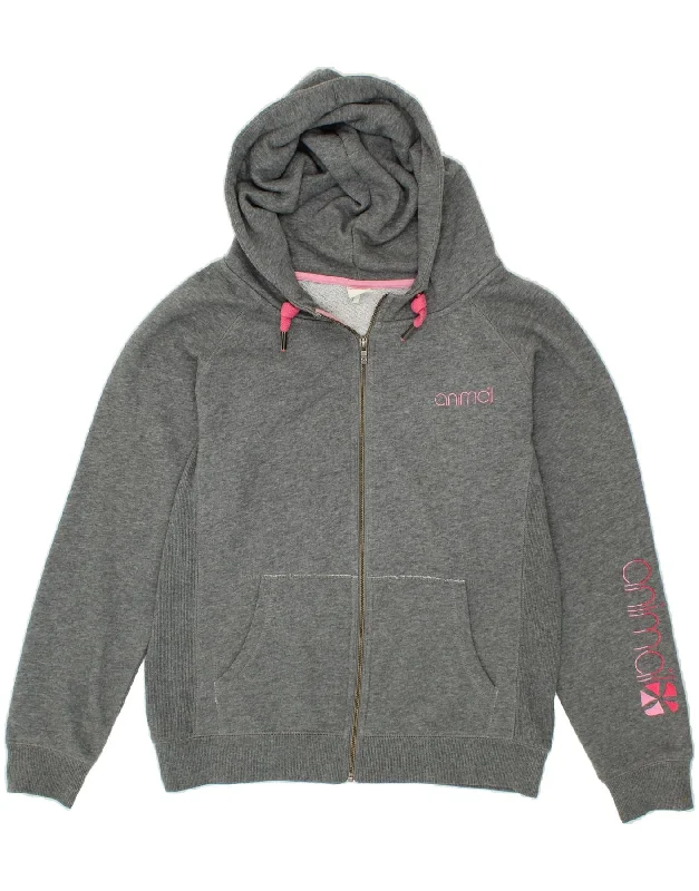 ANIMAL Womens Graphic Zip Hoodie Sweater UK 14 Large Grey Cotton Long Sweater Short Sweater Cropped Sweater