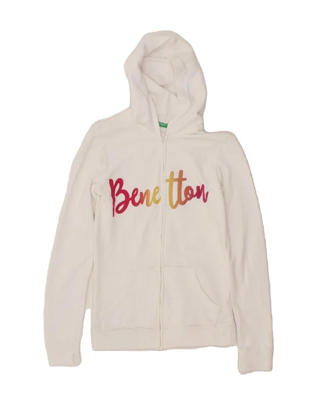 BENETTON Girls Graphic Zip Hoodie Sweater 13-14 Years 3XL White Cotton Boat Neck Shawl Collar Notched Collar