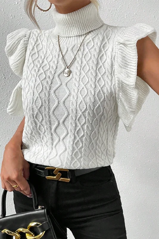 Cable-Knit Turtleneck Cap Sleeve Sweater Terry Terry Cloth Terry Knit