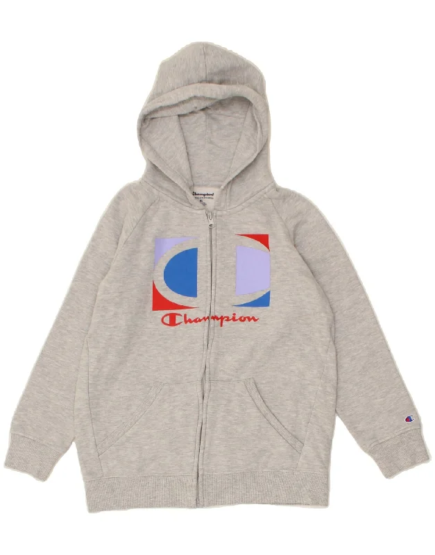 CHAMPION Girls Graphic Zip Hoodie Sweater 13-14 Years XL Grey Cotton Notch Collar Peter Pan Collar Cowl Neck