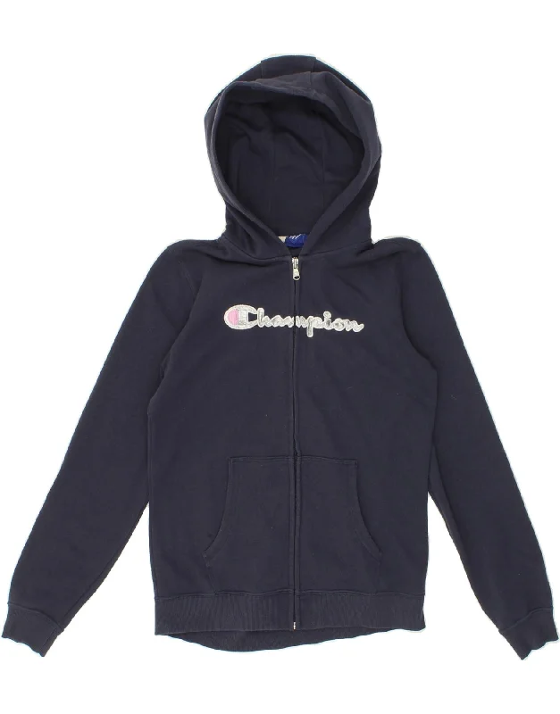 CHAMPION Girls Graphic Zip Hoodie Sweater 13-14 Years XL Navy Blue Elegant Classic Vintage
