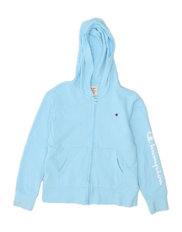 CHAMPION Girls Graphic Zip Hoodie Sweater 9-10 Years Medium Blue Cotton Cashmere Blend Cotton Blend Poly Blend