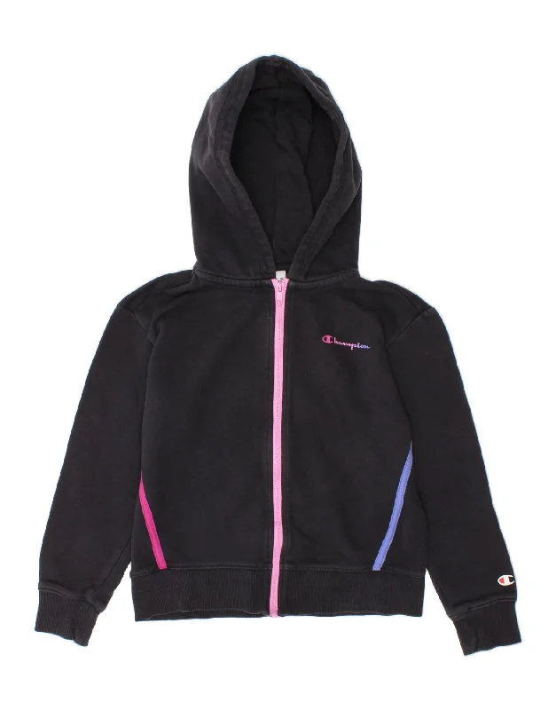 CHAMPION Girls Zip Hoodie Sweater 7-8 Years Small Black Cotton Herringbone Houndstooth Plaid