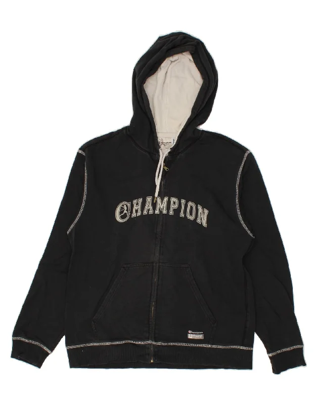 CHAMPION Mens Graphic Zip Hoodie Sweater XL Black Denim Fabric Leather Fabric Suede Fabric