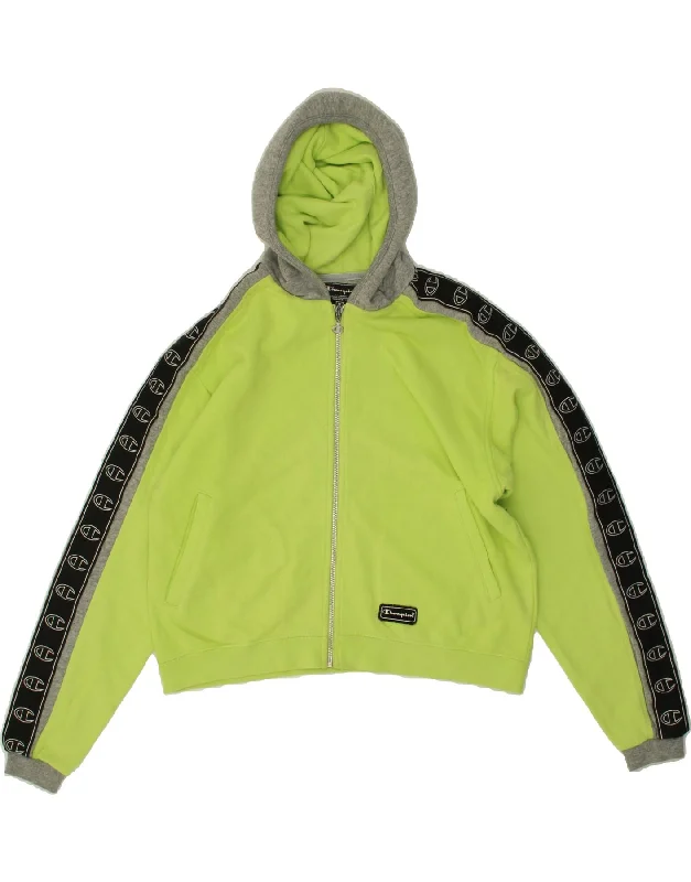 CHAMPION Womens Graphic Zip Hoodie Sweater UK 14 Medium Green Colourblock Ribbed Striped Patterned