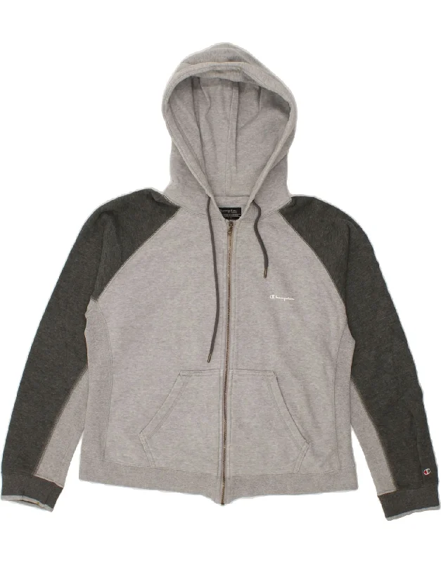 CHAMPION Womens Zip Hoodie Sweater UK 16 Large Grey Colourblock Cotton Glossy Satin Silk
