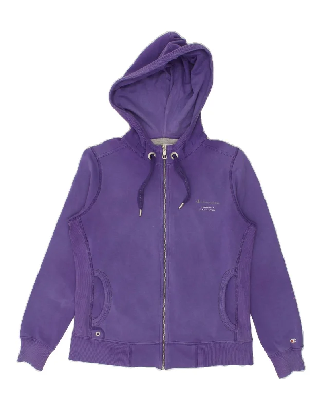 CHAMPION Womens Zip Hoodie Sweater UK 6 XS Purple Cotton Ribbed Striped Patterned
