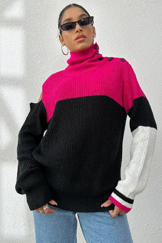 Contrast Buttoned Cutout Long Sleeve Sweater Seamless Knitted Crochet