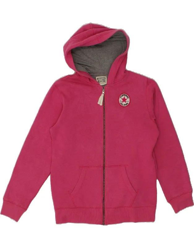 CONVERSE Girls Graphic Zip Hoodie Sweater 13-14 Years XL Pink Cotton Polka Dot Checkered Tartan