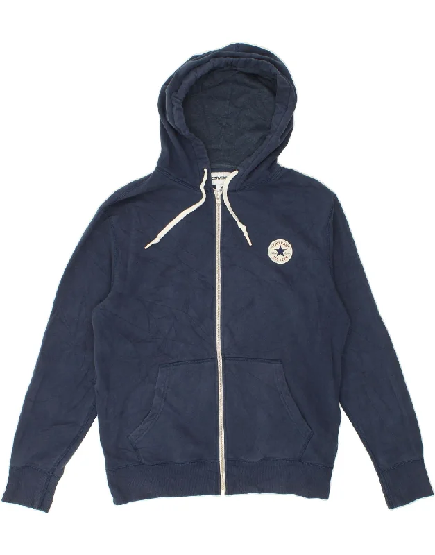 CONVERSE Mens Zip Hoodie Sweater Medium Navy Blue Cotton Turtle Neck Boat Neck Asymmetrical Neck