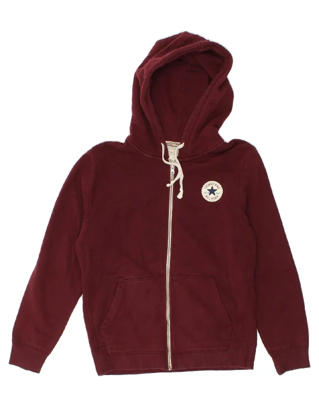 CONVERSE Mens Zip Hoodie Sweater Small Burgundy Cotton Open Front Closed Front Wrap Front