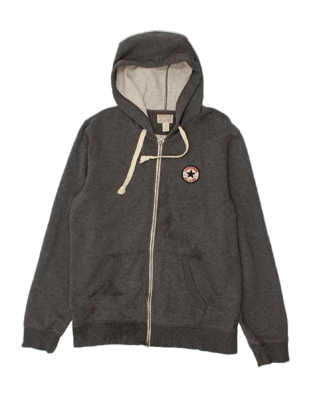 CONVERSE Mens Zip Hoodie Sweater XL Grey Cotton Beaded Sweater Sequined Faux Fur