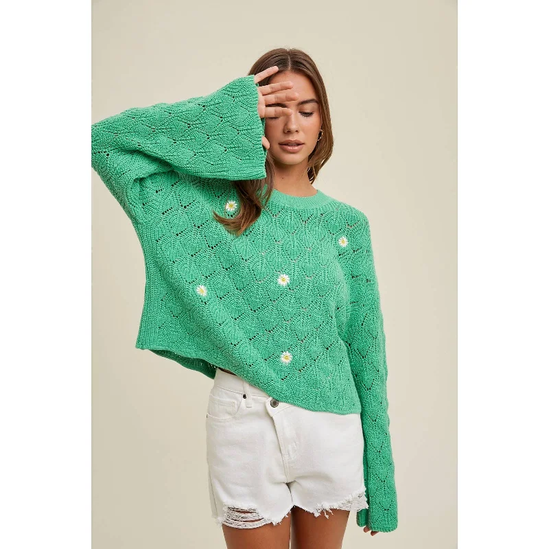Wishlist DAISY EMBROIDERED SWEATER - GREEN Solid Color Striped Floral Print