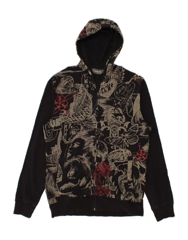 DESIGUAL Womens Abstract Pattern Zip Hoodie Sweater UK 14 Large Black Wool Fabric Cashmere Fabric Tweed Fabric