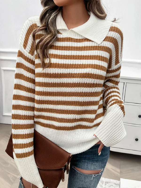 Devine Striped Collared Neck Long Sleeve Sweater High Neck Crew Neck V-Neck