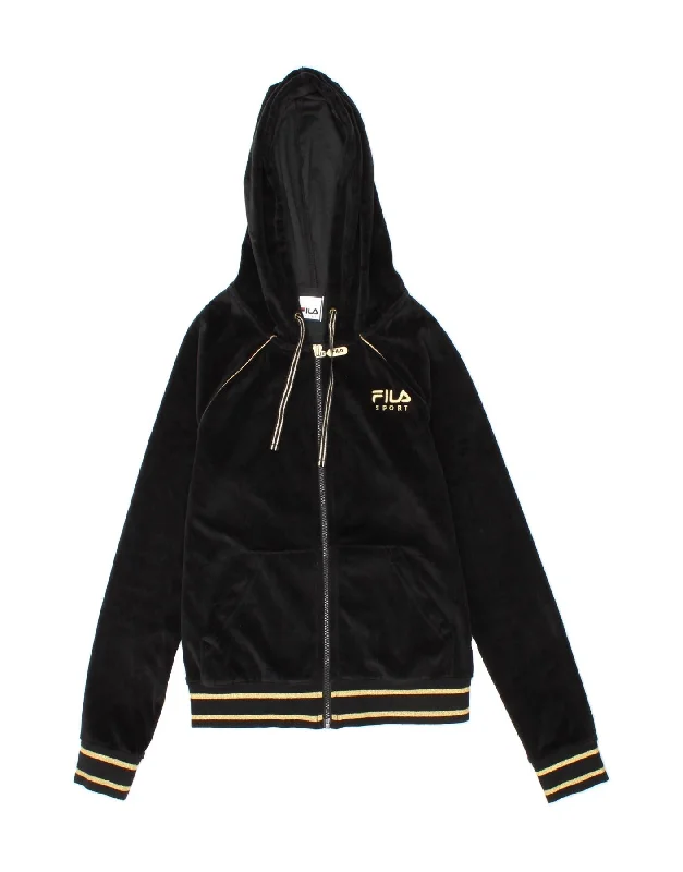 FILA Womens Loose Fit Zip Hoodie Sweater UK 6 XS Black Cotton Sequined Glittery Shiny